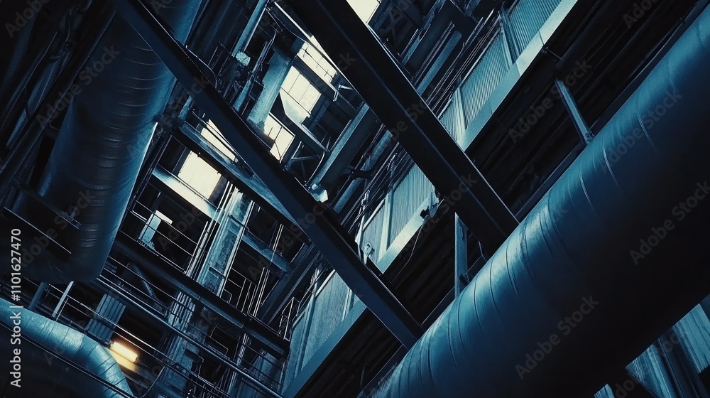 Poster close-up of a complex network of ducts in a modern industrial building, showcasing detailed design a