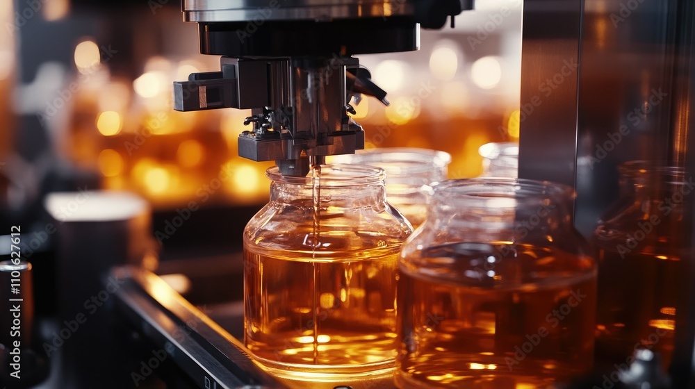 Poster Close-up of a filling machine automatically filling plastic containers with liquid, showcasing the fast-paced, highly efficient packaging process.