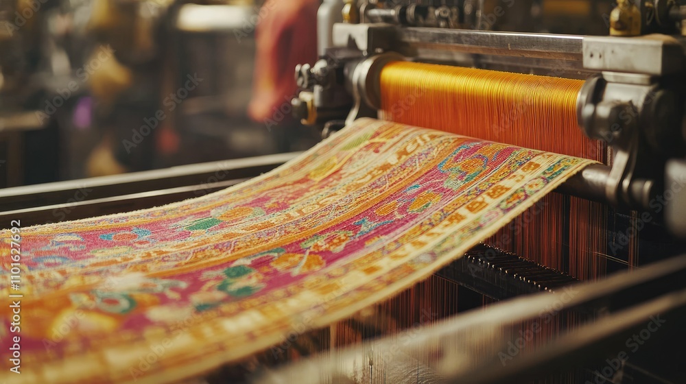 Poster Close-up of a loom machine creating an intricate, vibrant textile design in a lively factory, with vivid colors and busy machinery.
