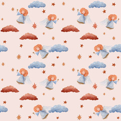 A beautiful pattern of  an angel in an blue dress surrounded by soft clouds and glowing stars. The design has a gentle, celestial feel with warm and pastel colors, perfect for textiles, wallpapers.