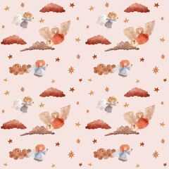 A beautiful pattern of  an angel in an orange dress and in blue dress, surrounded by soft clouds and glowing stars. The design has a gentle, celestial feel with warm  colors, for textile, wallpapers.