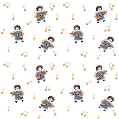 Naklejka premium Seamless pattern featuring a charming angel playing a guitar. The whimsical design combines celestial elegance with musical themes, making it perfect for holiday decor, greeting cards, or fabric prin