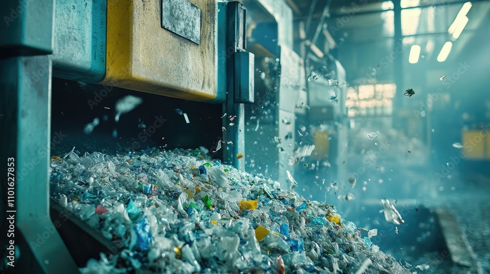 Aufkleber Close-up of a plastic shredding machine processing waste materials in a recycling plant, showcasing the intricate mechanics and recycled output