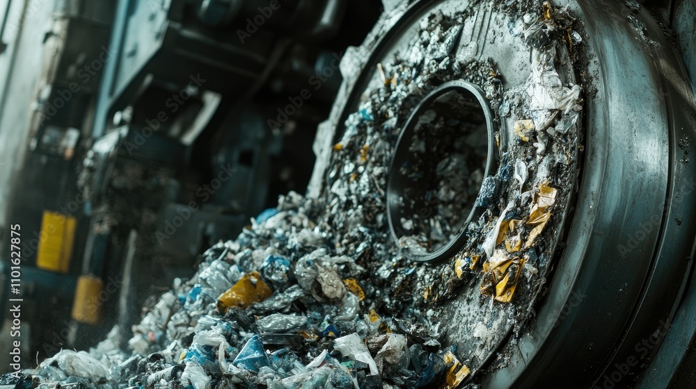 Poster Close-up of a plastic shredding machine processing waste materials in a recycling plant, showcasing the intricate mechanics and recycled output