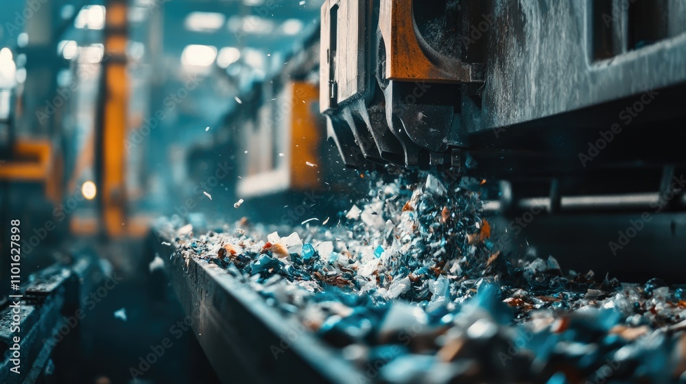 Poster Close-up of a plastic shredding machine processing waste materials in a recycling plant, showcasing the intricate mechanics and recycled output
