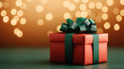 Obraz premium Luxury red gift box green ribbon golden glitter, shine background, copy space, birthday, Christmas
