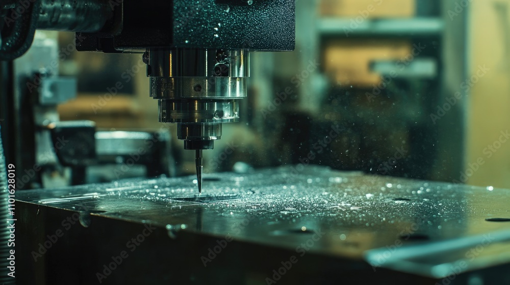 Poster Close-up of a precision machine with water cooling system, showing the process of cutting metal with high accuracy in a clean workshop.