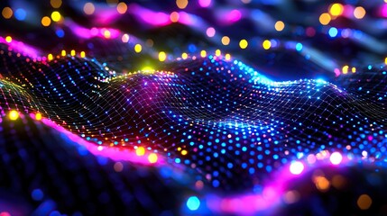 Fototapeta premium Colorful digital wave patterns illuminated with vibrant lights at night