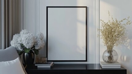 Modern living room interior with black mock up poster frame, design commode, pillows, flowers in vase, books, and elegant accessories. Template. Stylish home decor