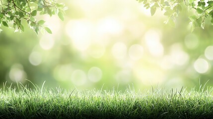 Obraz premium Lush green grass field in soft focus with a sunlit park background, capturing the essence of spring and the beauty of nature.