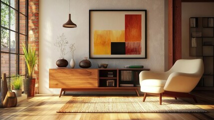 Modern living room with a wooden console, armchair, carpet, abstract paintings on the wall, and personal accessories