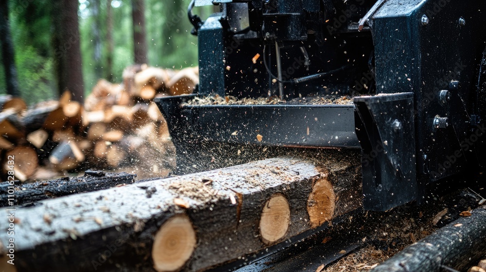 Poster Close-up of a rugged log splitter machine in action, splitting logs in a forest setting with wooden piles scattered around the machine.