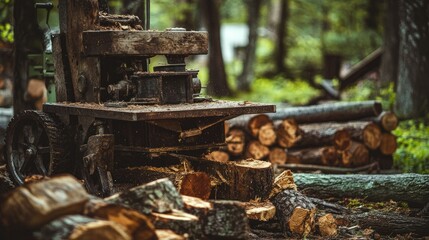 Close-up of a rugged log splitter machine in action, splitting logs in a forest setting with wooden piles scattered around the machine.