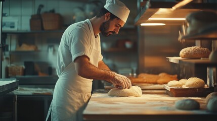 Artisan baker shaping dough in a bustling bakery environment