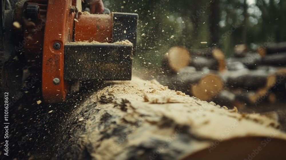 Poster Close-up of a rugged log splitter working on a log in a forest, with sawdust flying and the natural landscape as the backdrop.