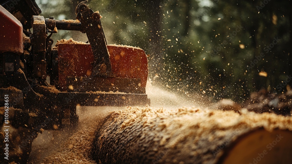 Poster Close-up of a rugged log splitter working on a log in a forest, with sawdust flying and the natural landscape as the backdrop.