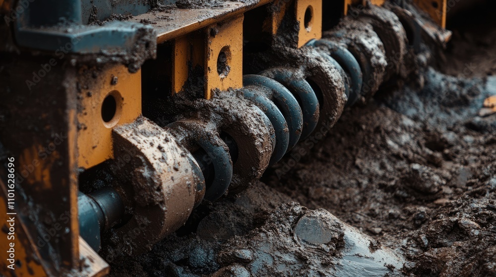 Poster close-up of a rugged screw feeder working on a mining site, with earthy textures and dirt surroundin