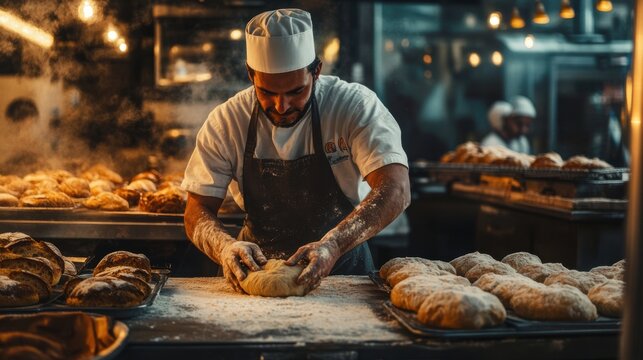 Skilled baker kneading dough in a bustling artisan bakery, surrounded by fresh bread loaves and a warm, inviting atmosphere, showcasing traditional baking techniques in action.