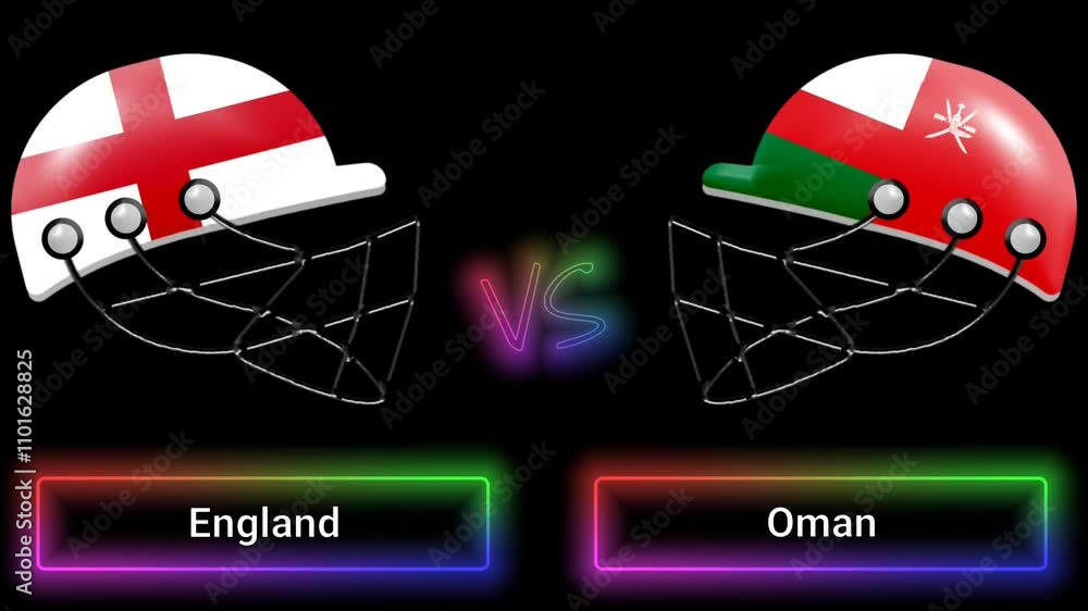 Poster england vs oman match animation with flags on helmets and colorful border over text all on black bac