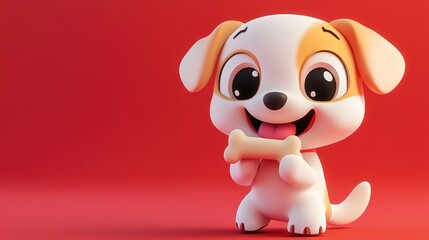 Naklejka premium Adorable Cartoon Puppy Holding A Bone Against Red Background
