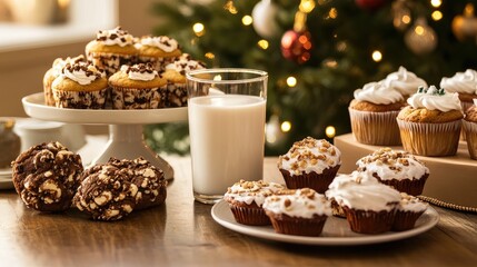 Festive holiday display featuring cookies, muffins, and a glass of milk on a table beside a beautifully decorated Christmas tree.