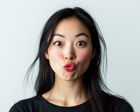 Asian woman biting her lip slightly, playful yet strong expression, minimalist white background, duality of emotions