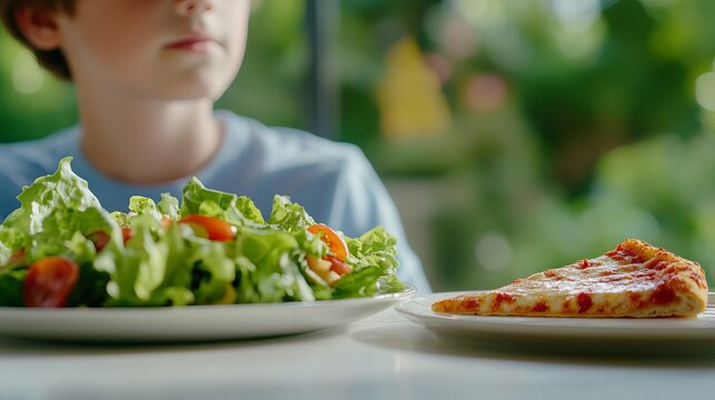 A young Caucasian boy contemplating his meal choice between a fresh salad and a slice of pizza, reflecting on healthy eating habits. healthy or fatty?