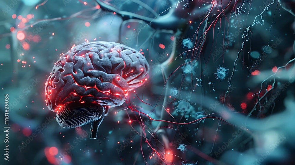 Poster a visually striking representation of a brain with neural connections, emphasizing the complexity of