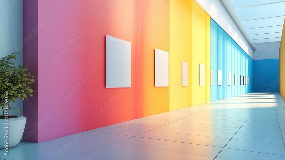 Poster a modern gallery with vibrant colored walls and empty frames, creating a bright and inviting atmosph