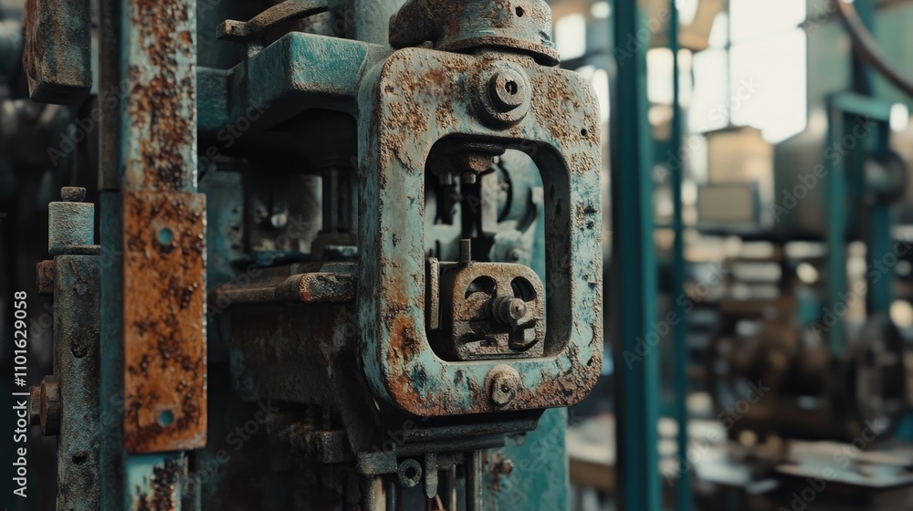 Poster close-up of a vintage press machine in a factory, with rusted metal components and the machinery int
