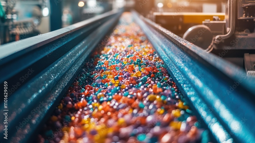 Poster Close-up of a vibrant sorting machine working in a plastic factory, separating materials with advanced technology and clear color-coded outputs