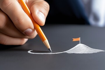 Close-up of hand drawing tiny flag on chalk hill with pencil