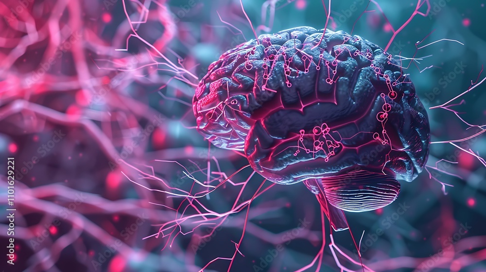 Poster a digital representation of a brain with neural connections, illustrating the complexity of the huma