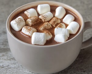 A cup of hot chocolate topped with marshmallows and a dusting of cinnamon powder