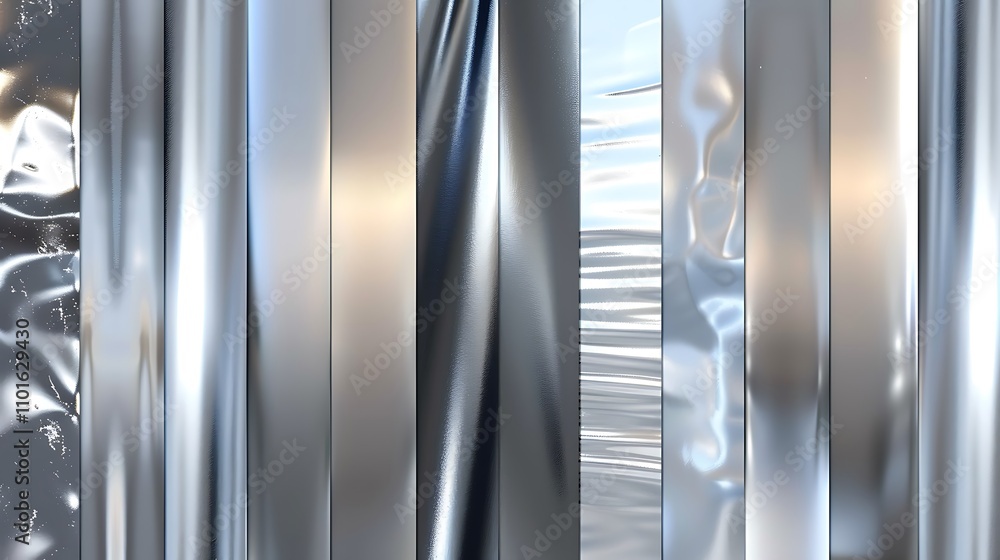 Poster a collection of metallic textures showcasing shiny and crumpled surfaces for graphic design use.
