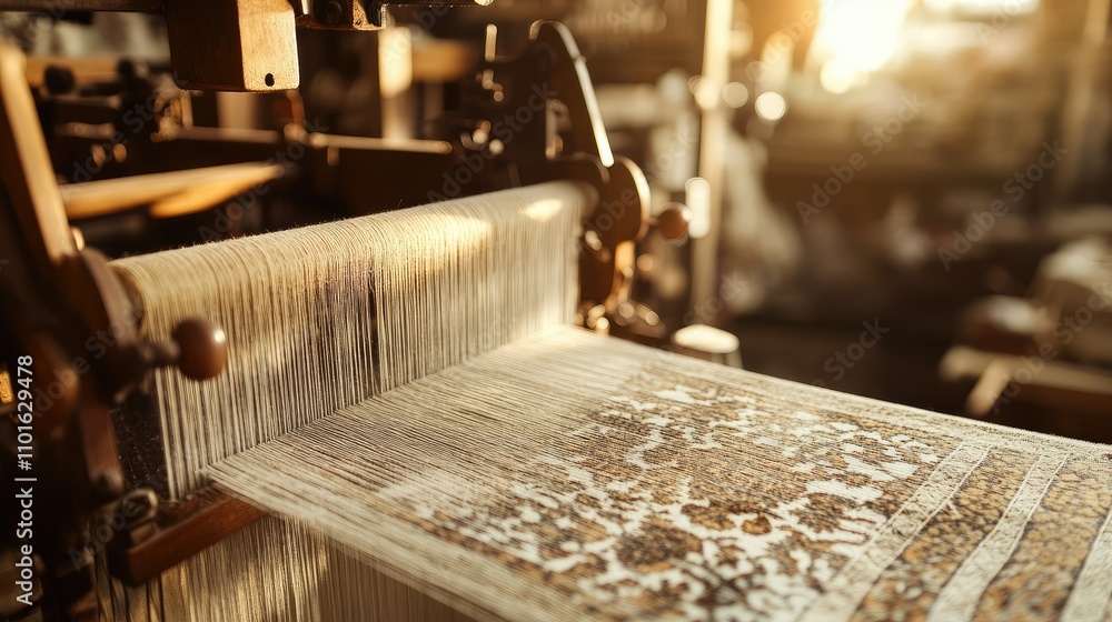 Aufkleber close-up of an antique textile loom at work, weaving intricate patterns on beautifully crafted fabri
