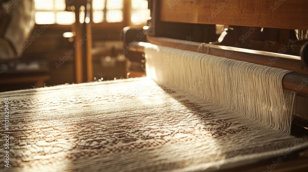 Poster close-up of an antique textile loom at work, weaving intricate patterns on beautifully crafted fabri