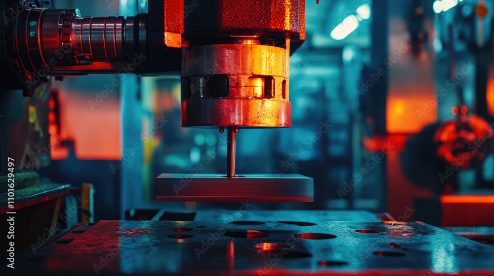 Poster close-up of an industrial press machine in action, with bright workshop lighting casting colorful re