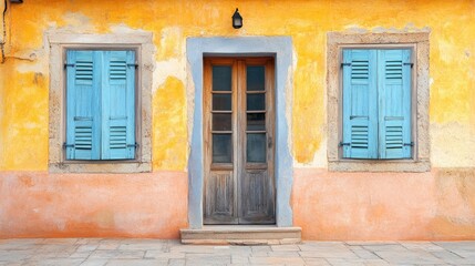 Vibrant Mediterranean architecture showcasing rustic walls, blue wooden shutters, and a charming wooden door in a sunlit village setting.