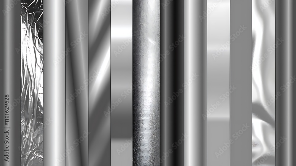 Poster a collection of metallic textures showcasing various reflective surfaces and patterns.