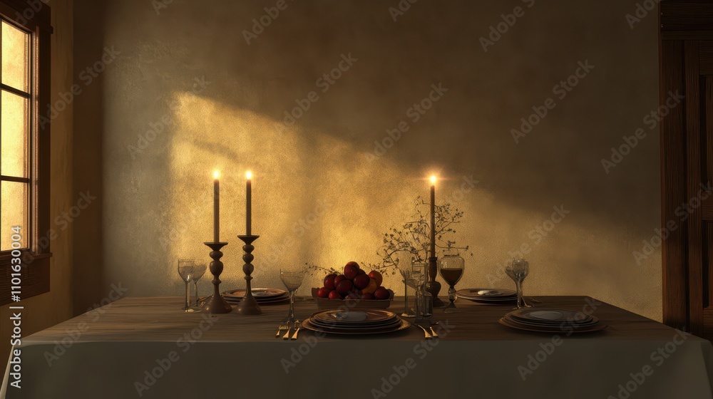 Poster elegant table setting with scented candles and fresh fruits captured in soft lighting, creating a wa