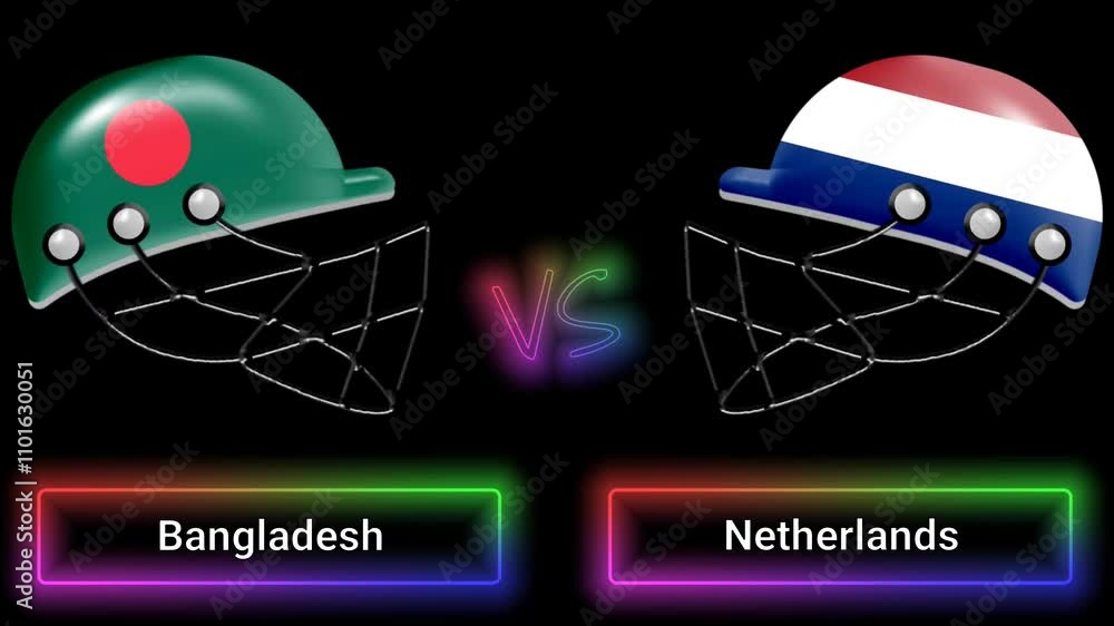 Poster bangladesh vs netherlands match animation with flags on helmets and colorful border over text all on