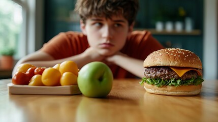 Fototapeta premium A pensive young Caucasian boy gazes at a cheeseburger on a wooden table, contemplating choices between healthy fruits and tempting fast food. health or fat