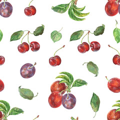Pattern seamless of cherry, plums branches with leaves hand drawn in watercolor. Ripe berries on bunches of fruit tree. Fruits are painted very brightly red, burgundy, purple and green colors. This