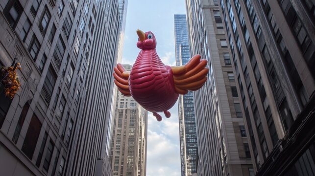 Giant turkey balloon floats among skyscrapers at parade