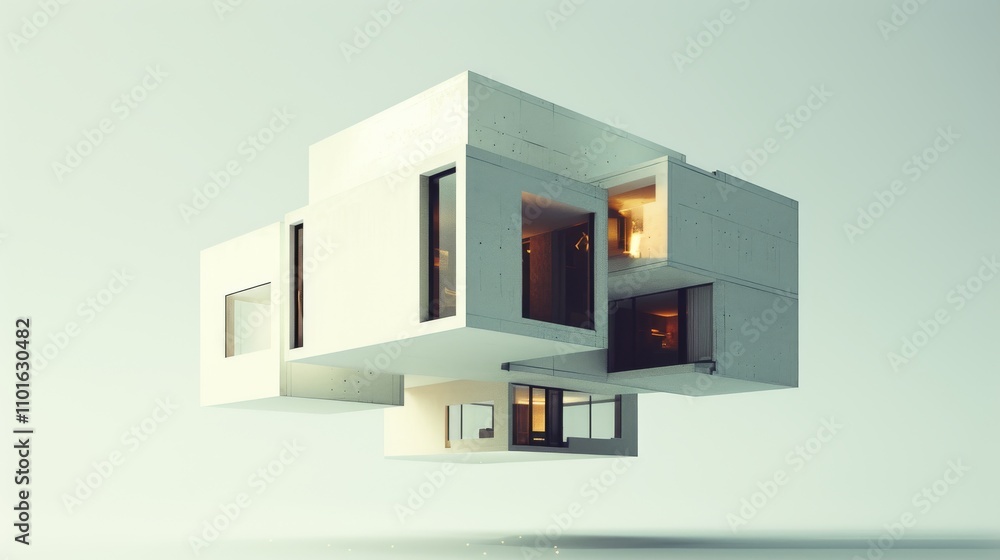 Poster a modern floating house design featuring illuminated windows, suspended in a soft green background. 