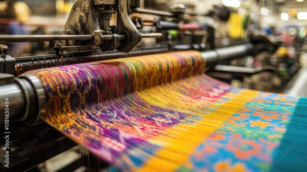 Poster Detailed view of a loom machine weaving a complex, colorful pattern, with a bustling factory environment in the background.