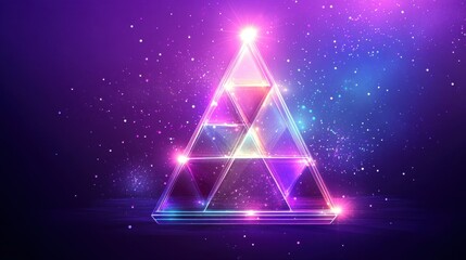 A glowing, geometric pyramid structure with vibrant colors and a cosmic background.