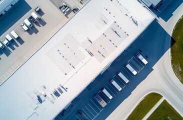 Fototapeta premium Aerial view of an industrial warehouse with a truck loading dock, surrounded by a parking lot and cars. The warehouse architecture features a white roof. image was captured using aerial photography