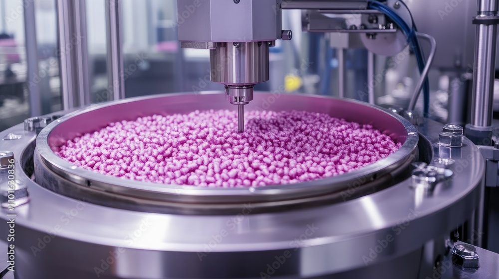 Poster Filling machine in a vibrant factory, bathed in soft gradient lighting, as products are precisely filled in containers for packaging